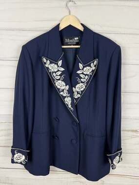 Moshita Couture Navy Blazer Jacket Size 22 Embellished Floral Lapel